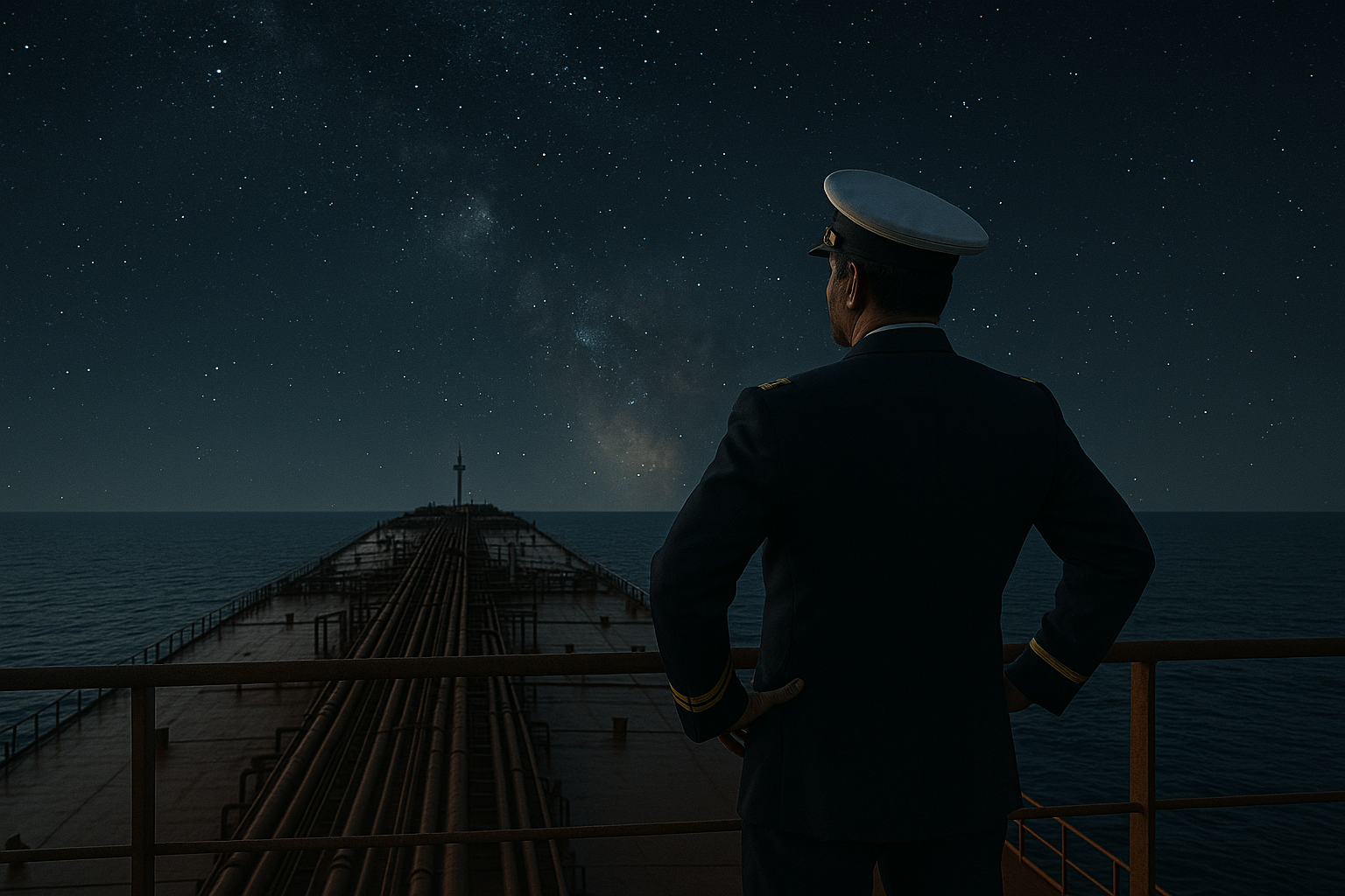 Ship captain overlooking vessel deck under starry night sky